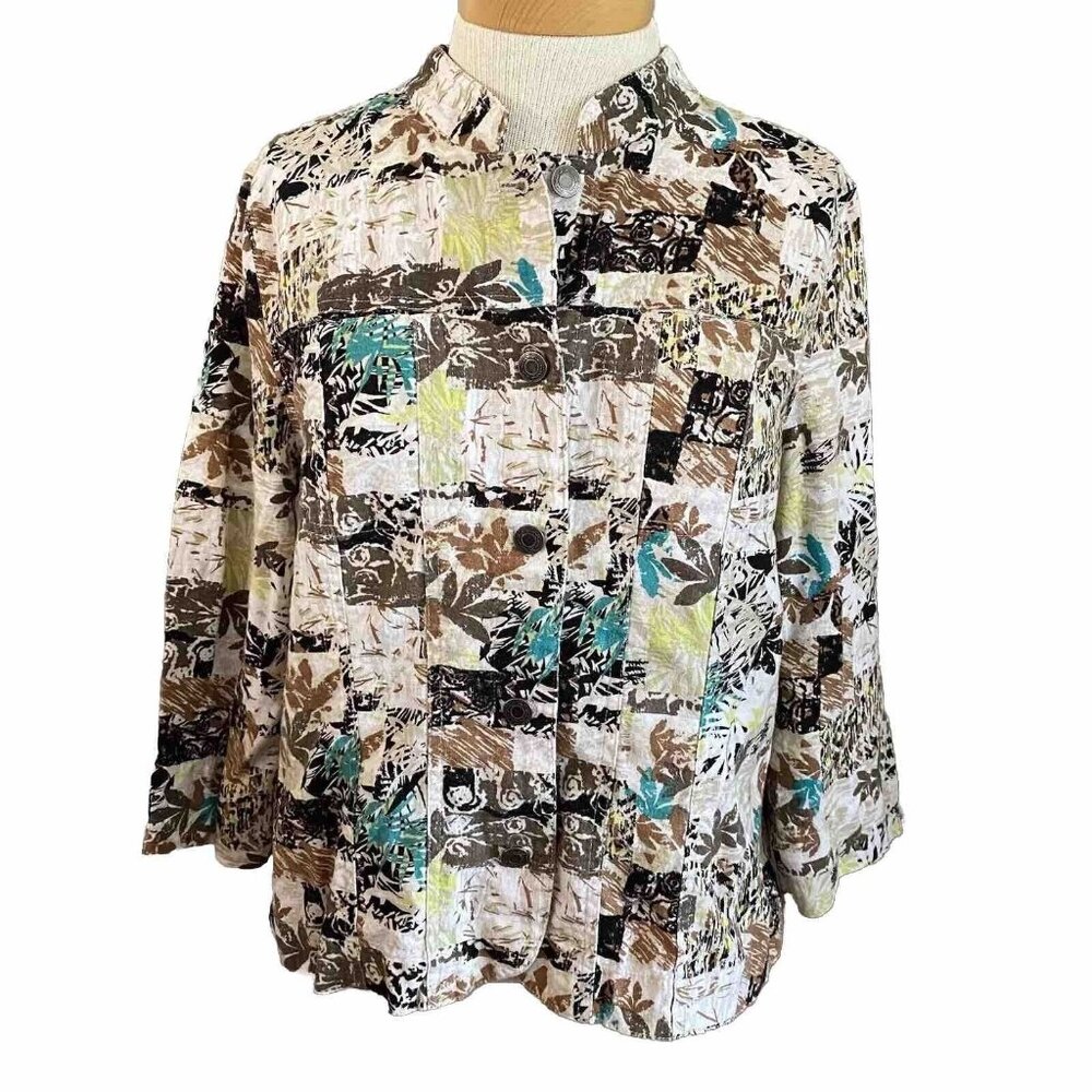 Christopher & Banks Blouse Medium‎ Button Up Floral Print 3/4 Sleeve Linen Blend